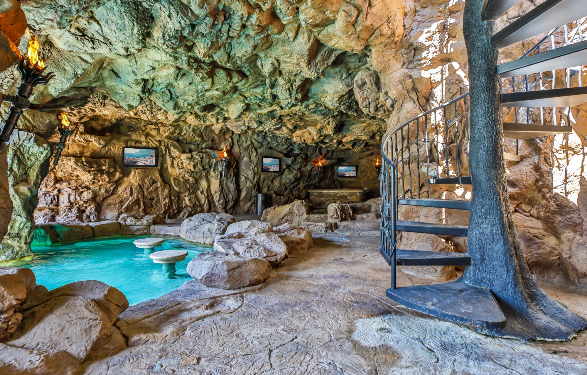 Rock grotto with spiral staircase at Drake's estate