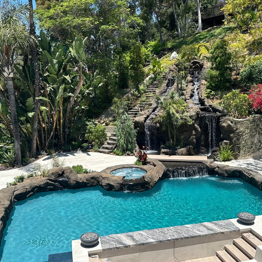 Finished naturalistic lagoon pool in Encino